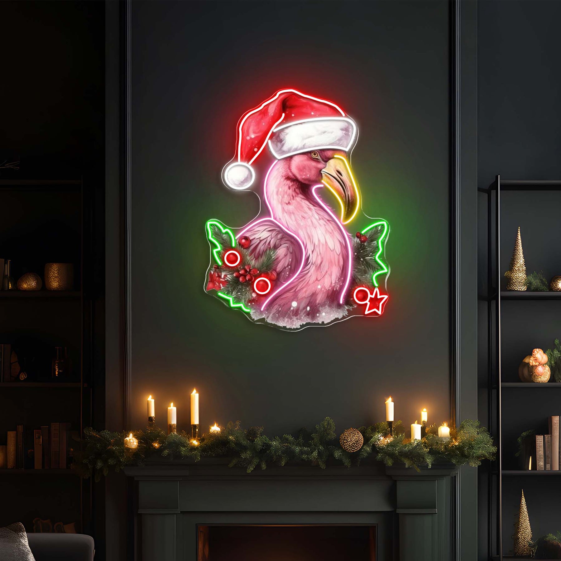 Santa's Tropical Helpers: Flamingos in Hats Neon Light Artwork