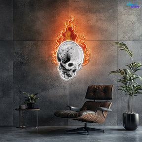 Infernal Glow: Skull & Fire Neon Sign Light Artwork