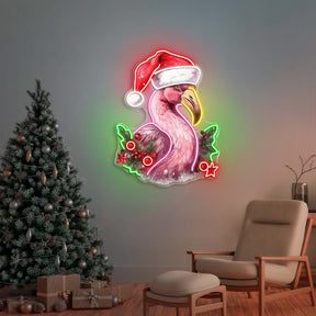 Santa's Tropical Helpers: Flamingos in Hats Neon Light Artwork