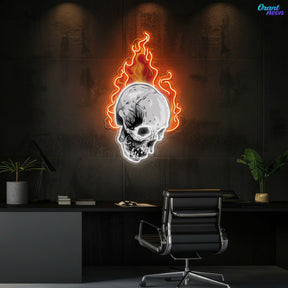 Infernal Glow: Skull & Fire Neon Sign Light Artwork