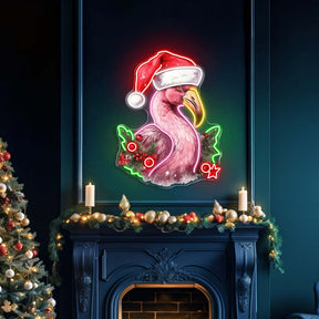 Santa's Tropical Helpers: Flamingos in Hats Neon Light Artwork