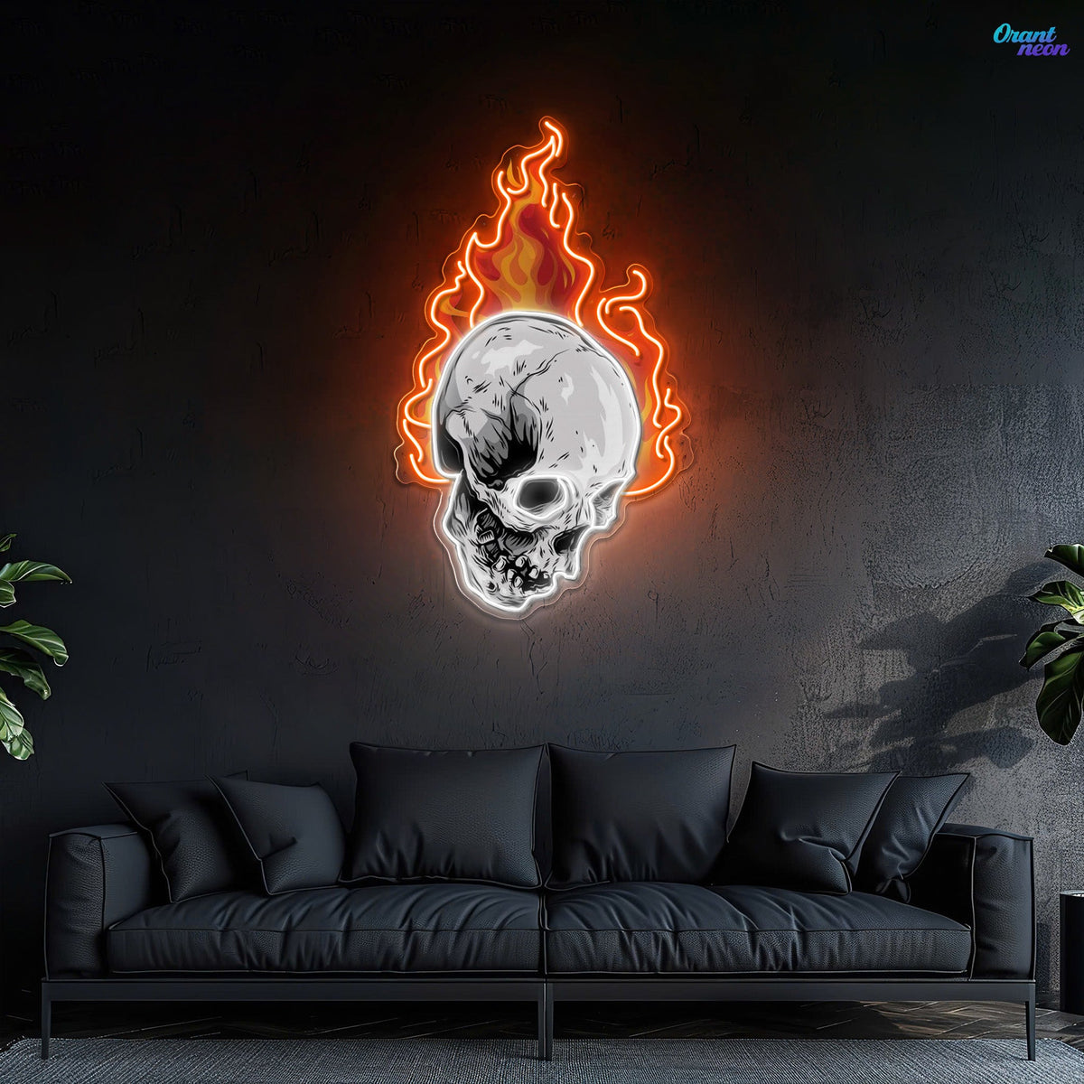 Infernal Glow: Skull & Fire Neon Sign Light Artwork