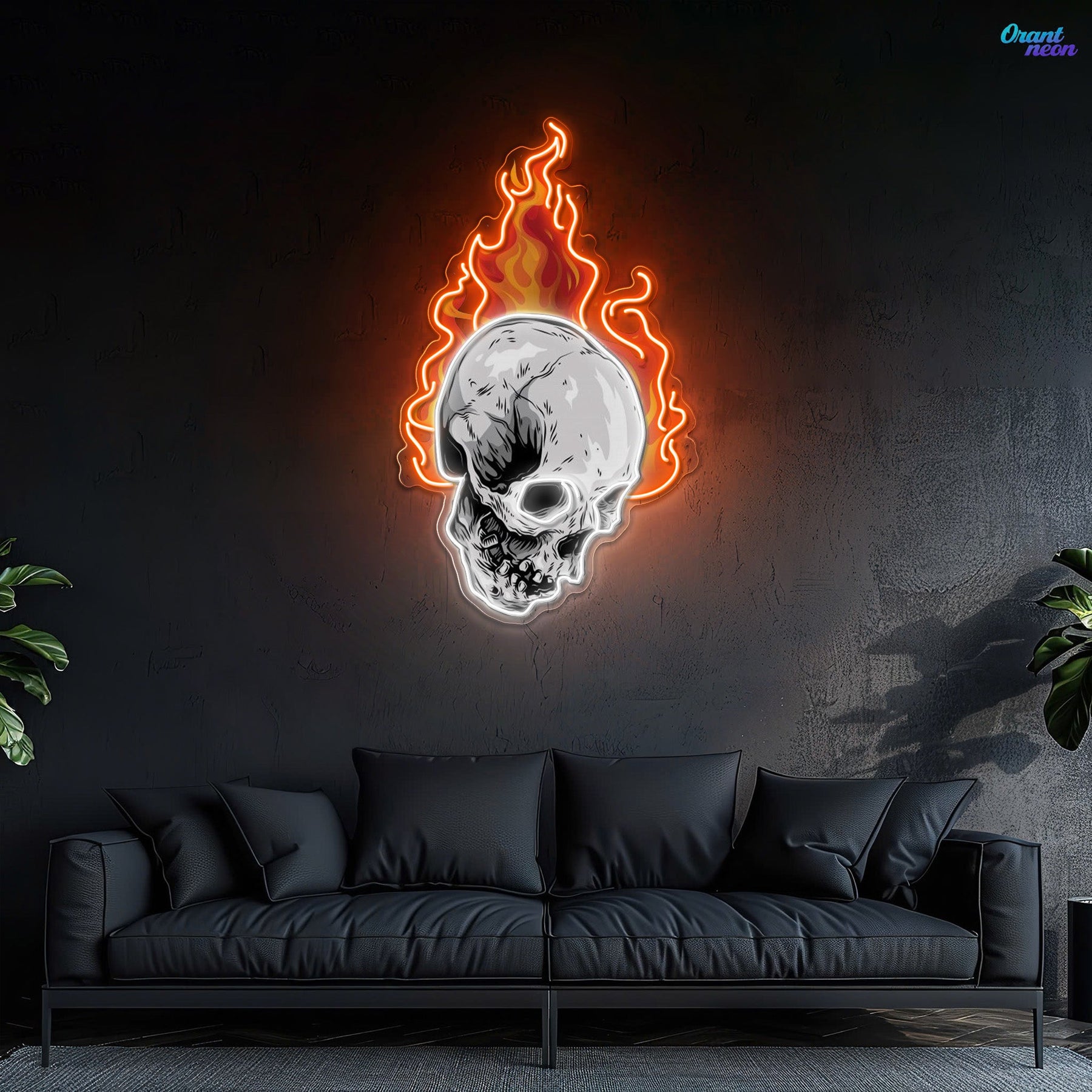 Infernal Glow: Skull & Fire Neon Sign Light Artwork