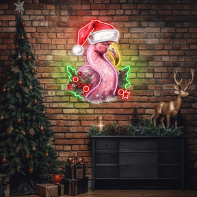 Santa's Tropical Helpers: Flamingos in Hats Neon Light Artwork