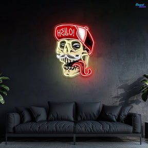 Skull Wearing Hello Hat Neon Sign Light Artwork