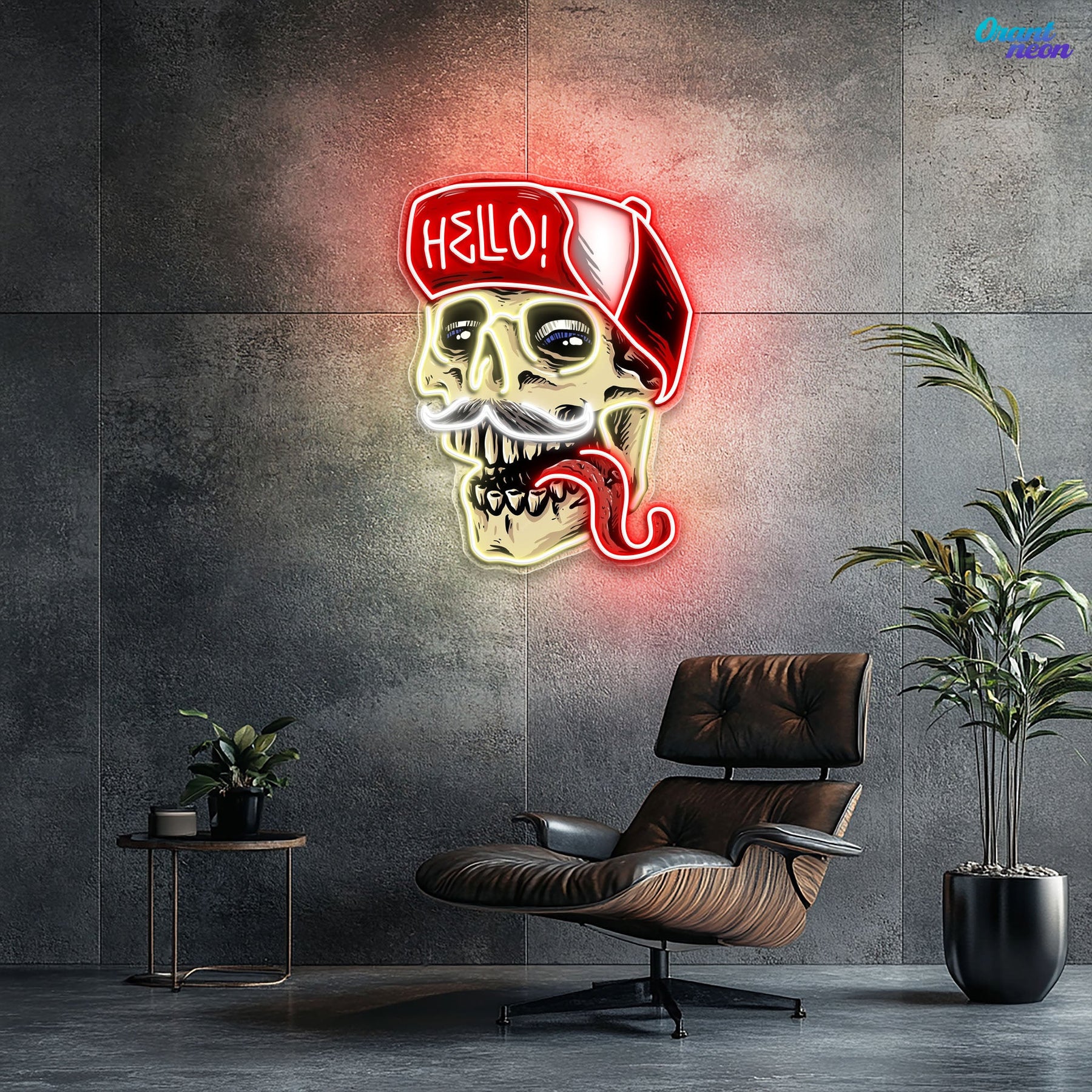 Skull Wearing Hello Hat Neon Sign Light Artwork