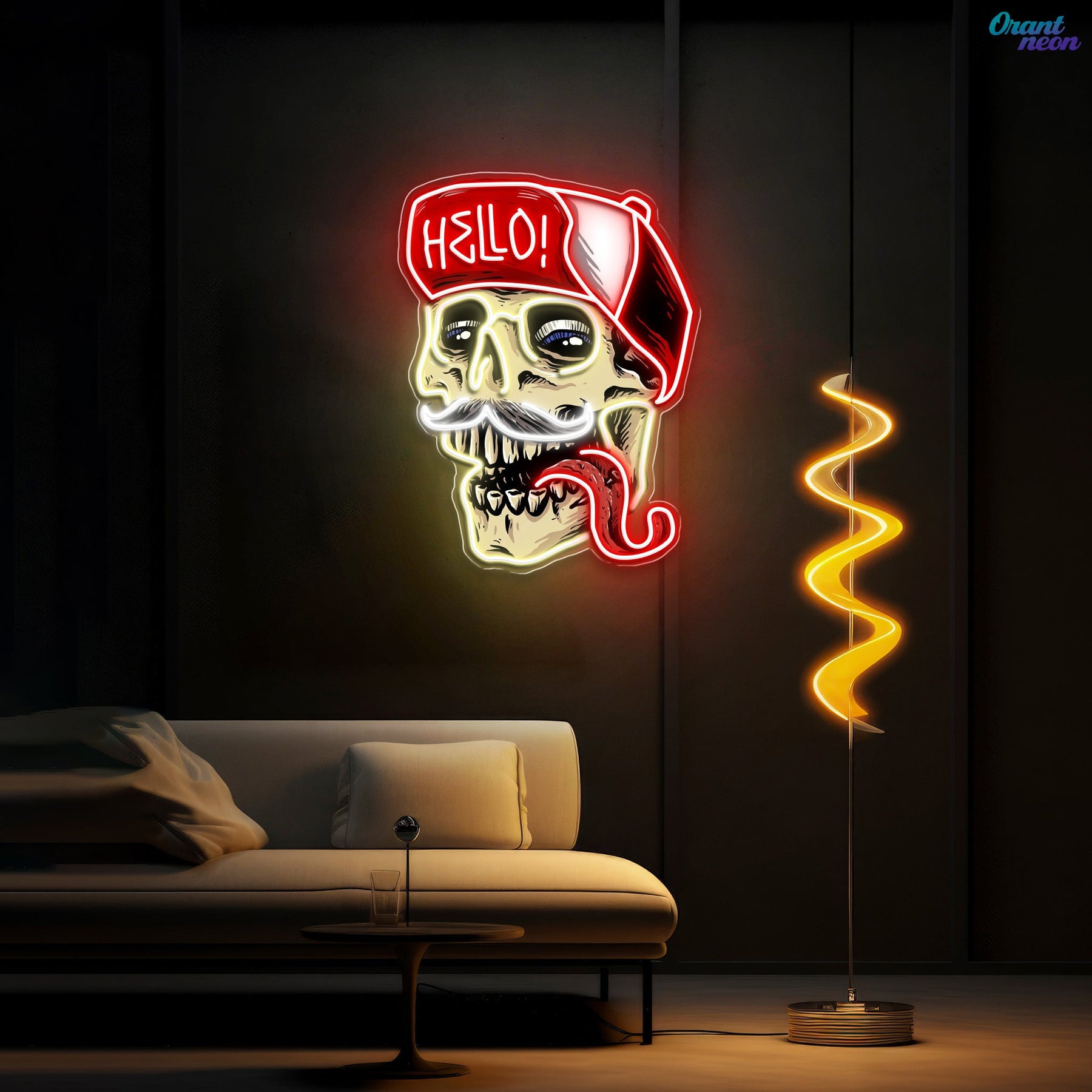 Skull Wearing Hello Hat Neon Sign Light Artwork