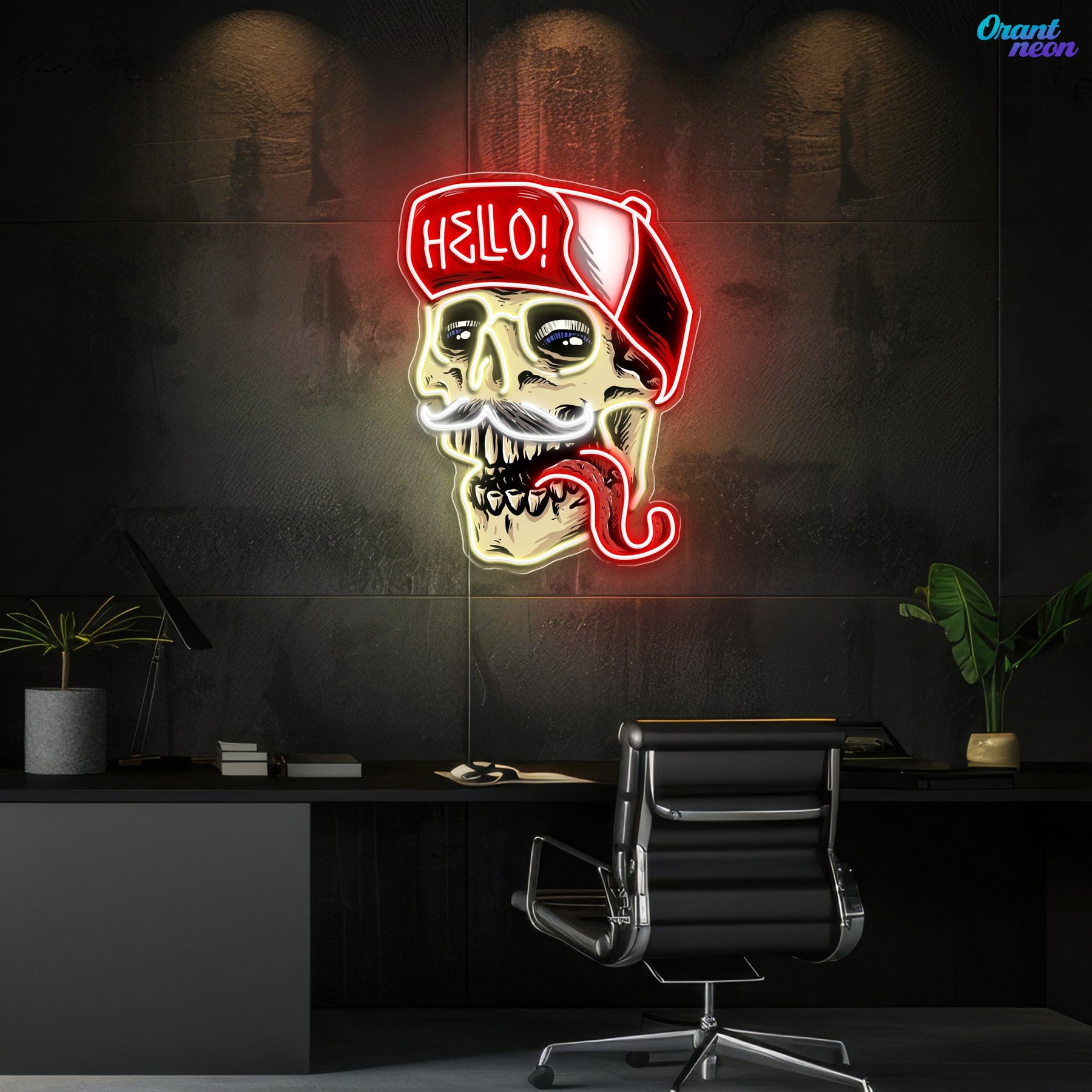 Skull Wearing Hello Hat Neon Sign Light Artwork