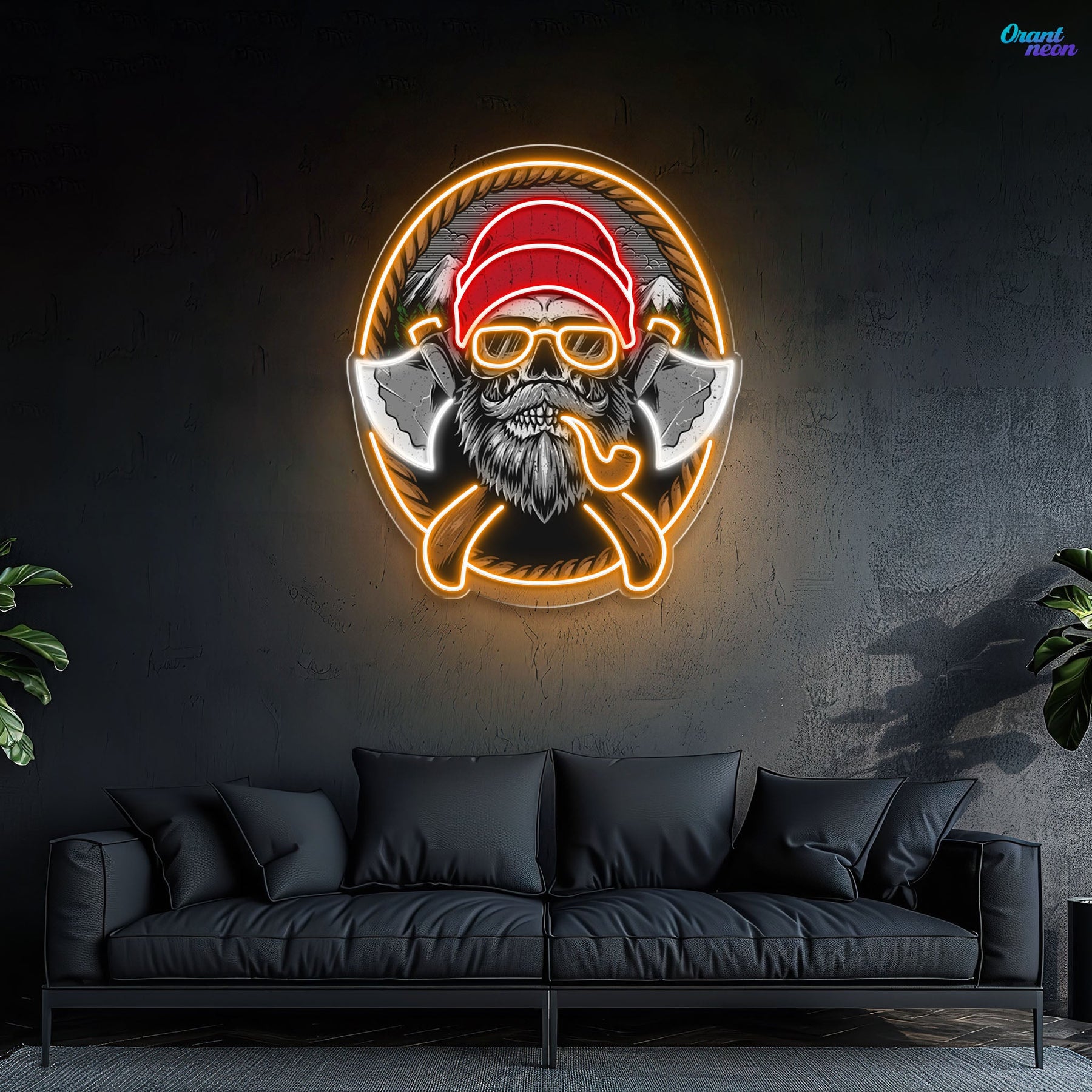 Beard Woodman Skull With Axe Neon Sign Light Artwork