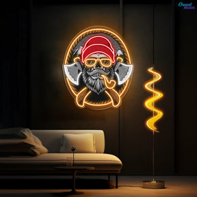 Beard Woodman Skull With Axe Neon Sign Light Artwork