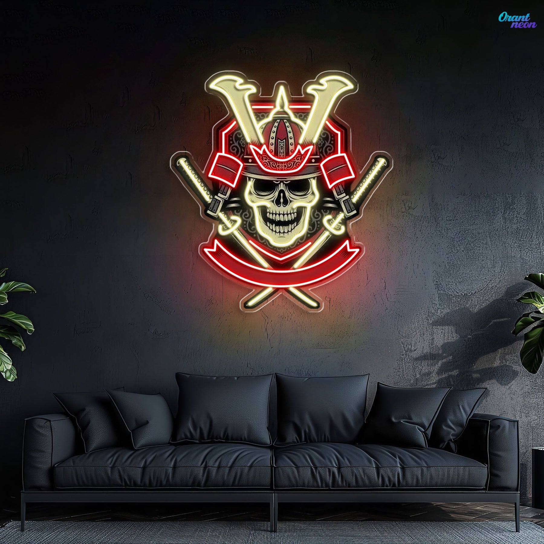 Japanese Samurai Skull Holding Katana Sword Neon Sign Light Artwork