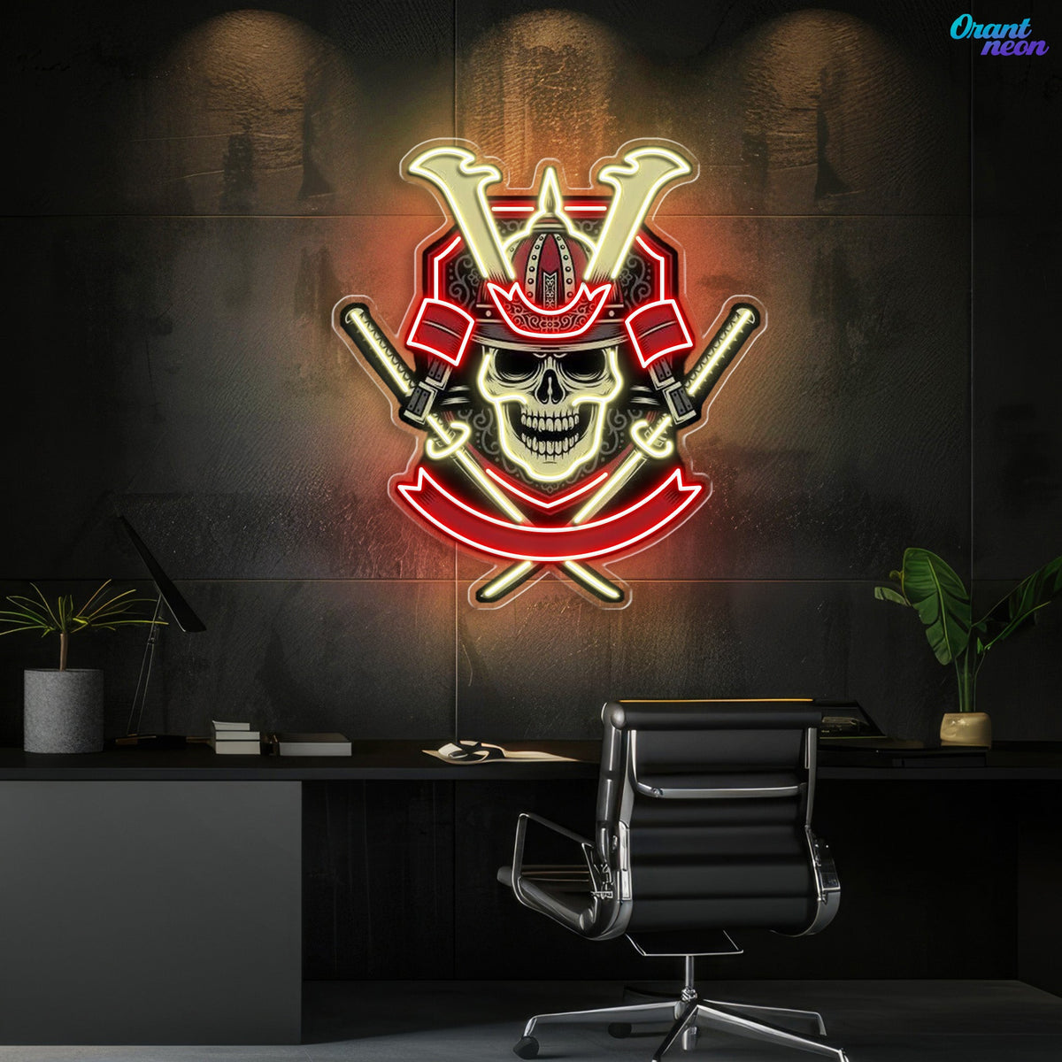 Japanese Samurai Skull Holding Katana Sword Neon Sign Light Artwork