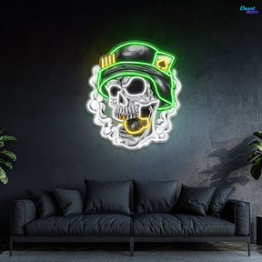 Cool Skull Wearing Helmet With Smoke and Bomb Neon Sign Light Artwork