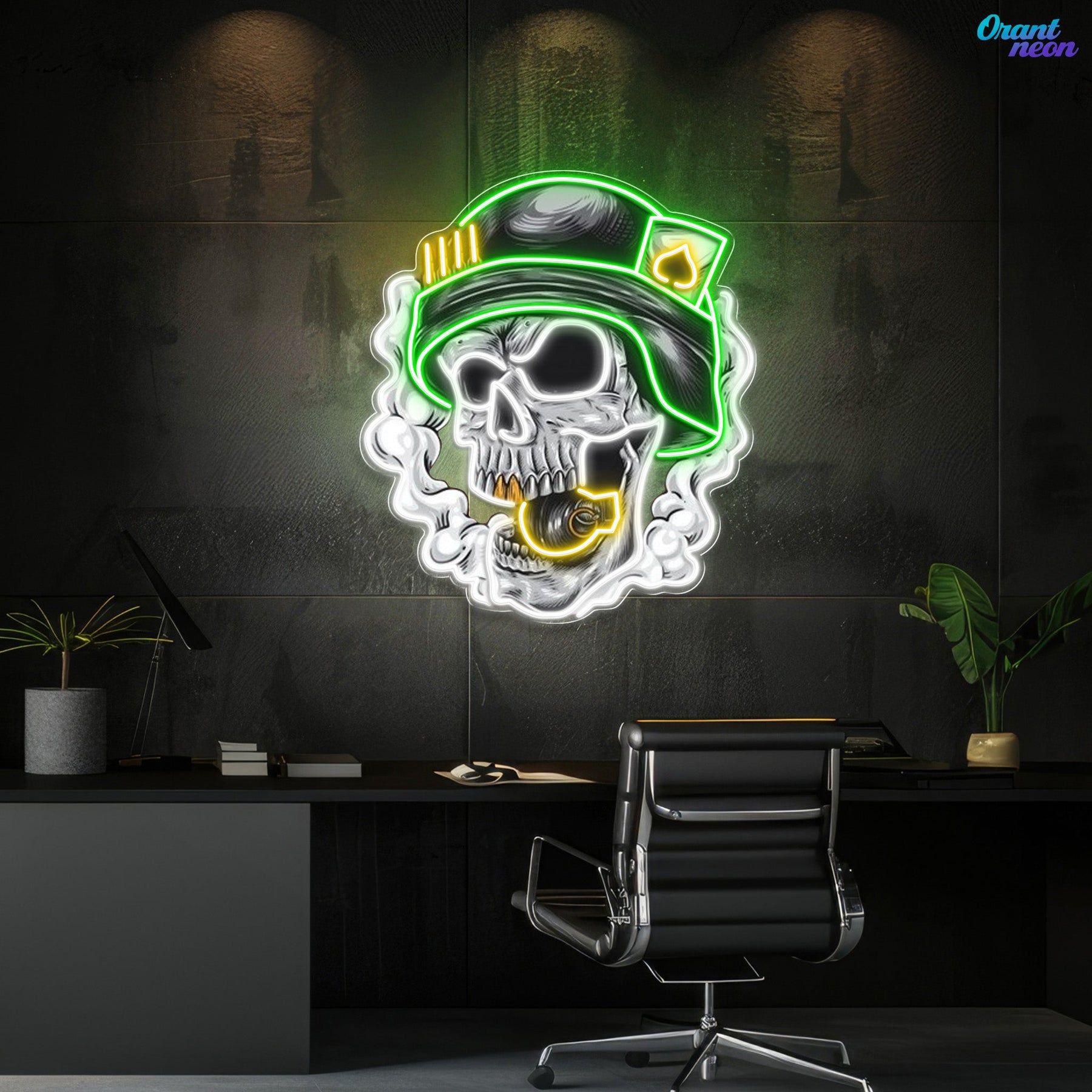 Cool Skull Wearing Helmet With Smoke and Bomb Neon Sign Light Artwork