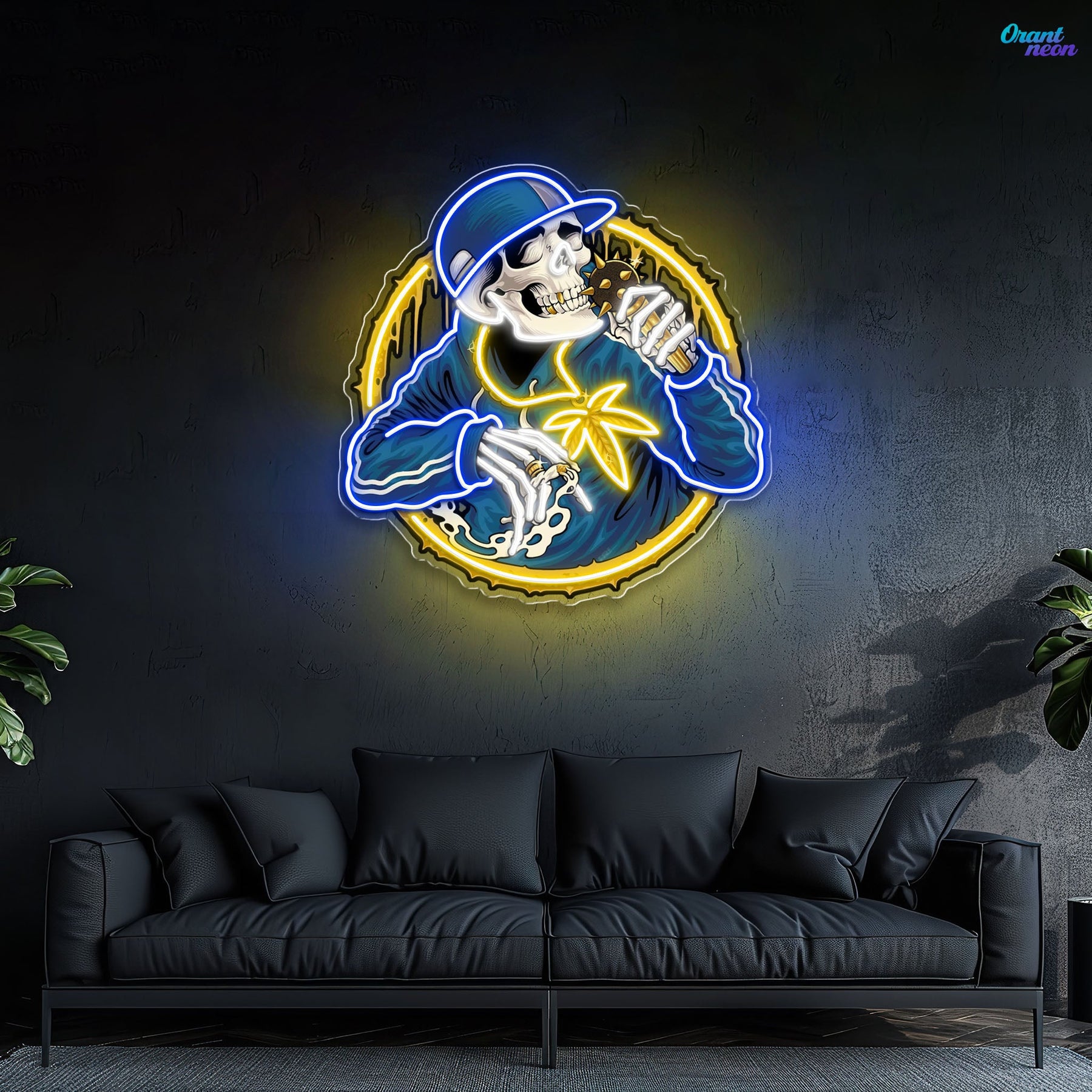 Smoking Weed Skull Rapper With Spiky Mic Neon Sign Light Artwork