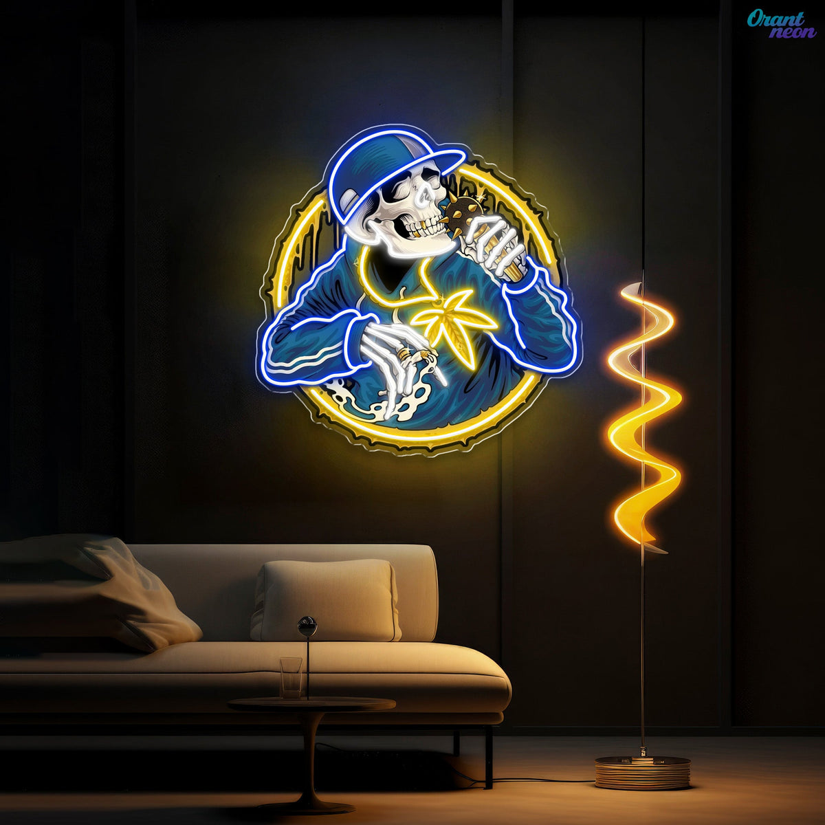 Smoking Weed Skull Rapper With Spiky Mic Neon Sign Light Artwork