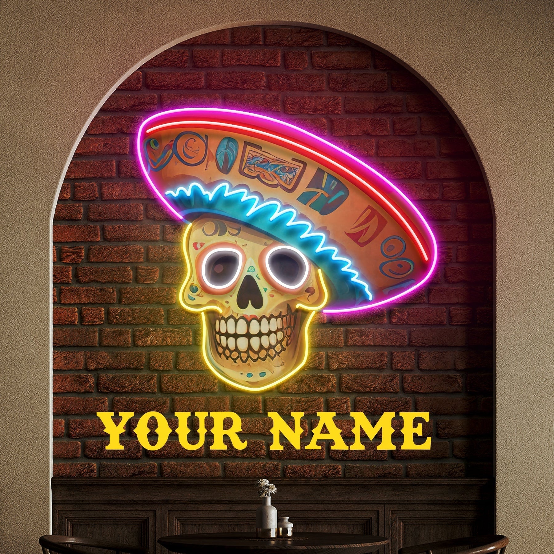 Custom Name Halloween Holiday Artwork with Sugar Skull Neon Sign