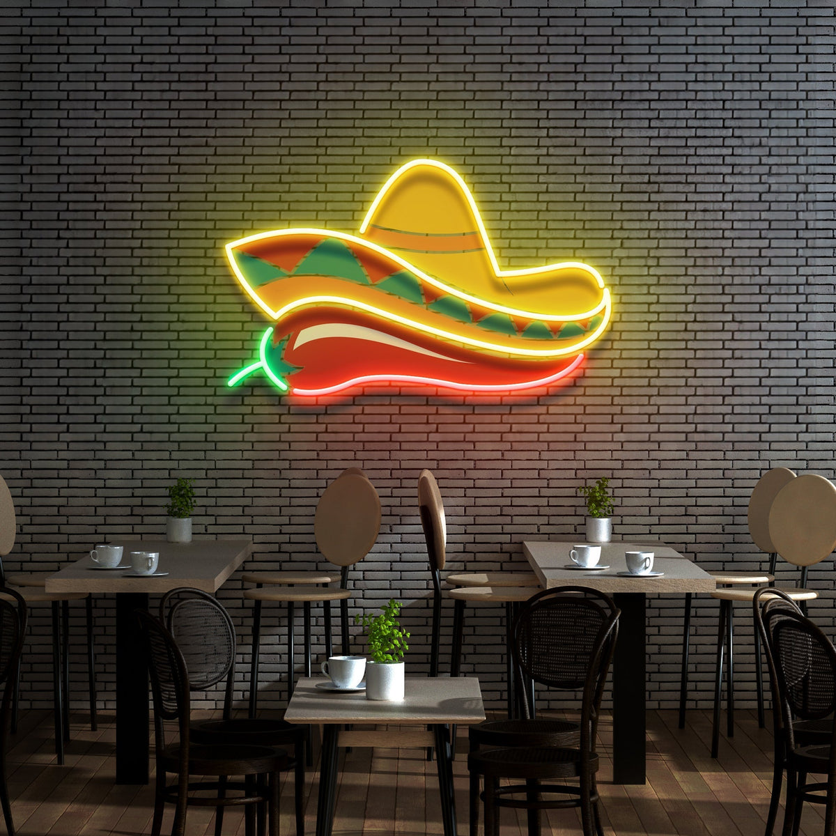 Mexican Sombrero Hat with Chili for Restaurant Artwork Led Neon Sign Light