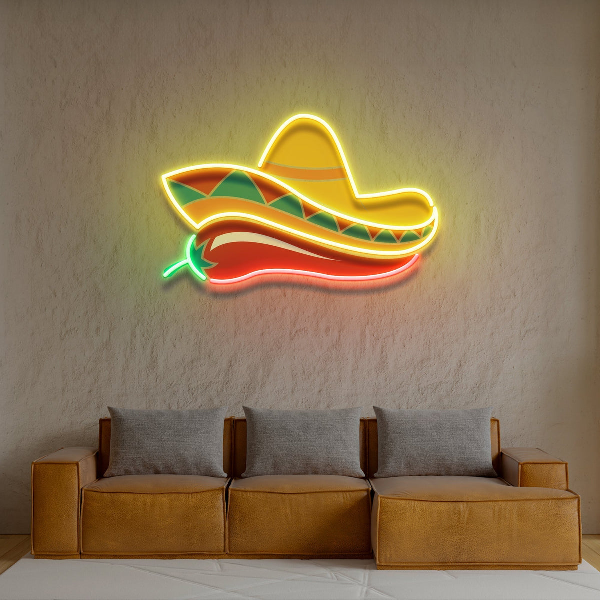 Mexican Sombrero Hat with Chili for Restaurant Artwork Led Neon Sign Light