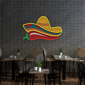 Mexican Sombrero Hat with Chili for Restaurant Artwork Led Neon Sign Light