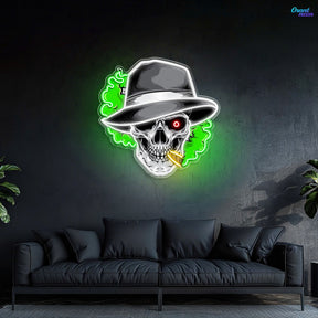 Skull, Hat & Smoke in the Neon Glow Neon Sign Light Artwork