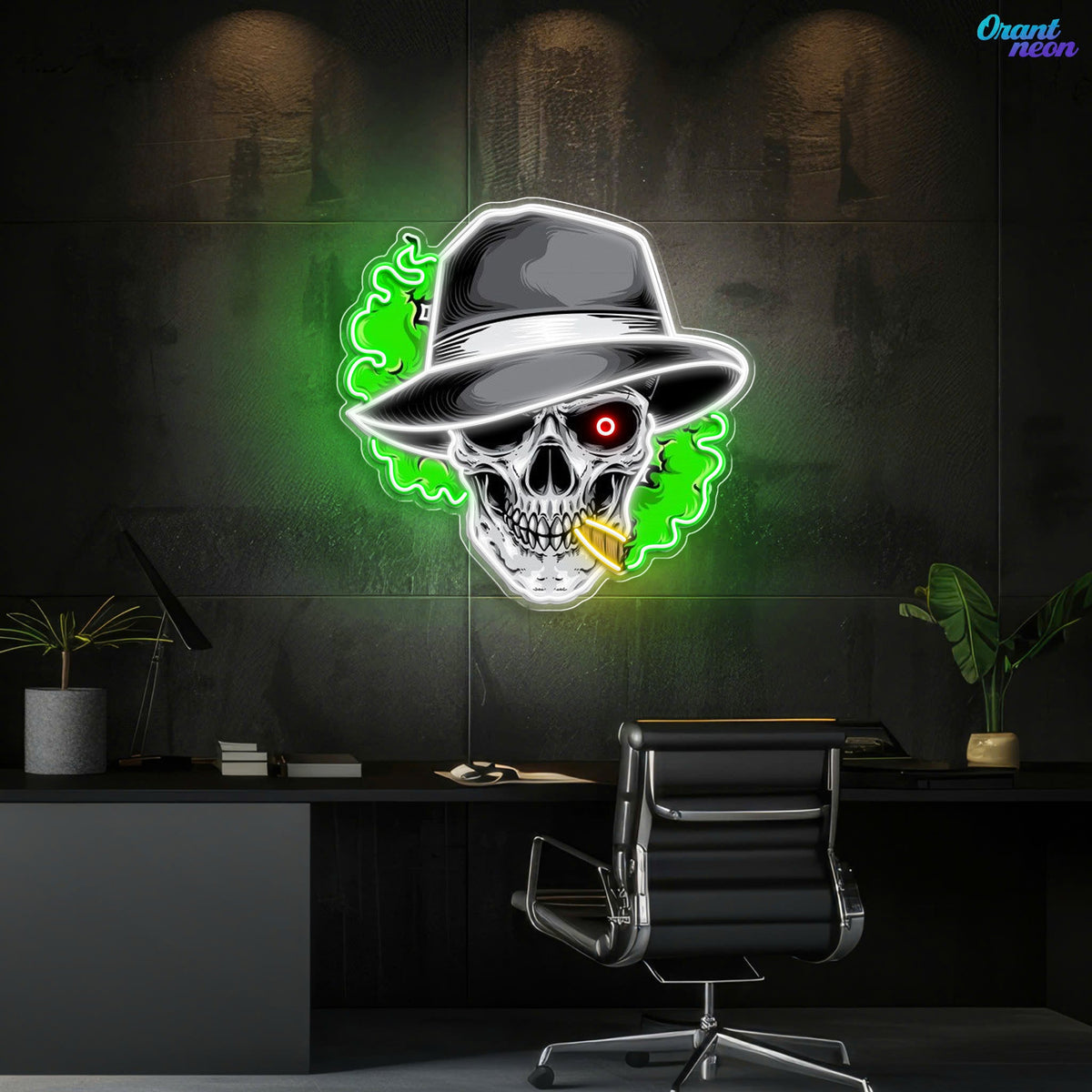 Skull, Hat & Smoke in the Neon Glow Neon Sign Light Artwork