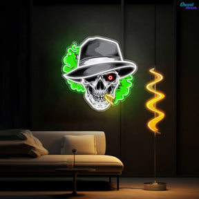 Skull, Hat & Smoke in the Neon Glow Neon Sign Light Artwork