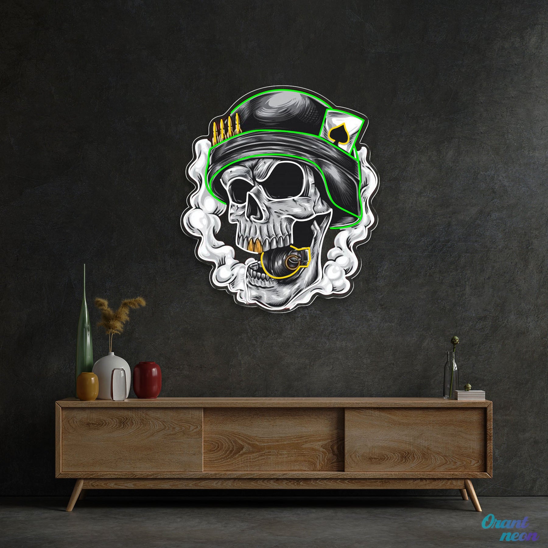 Cool Skull Wearing Helmet With Smoke and Bomb Neon Sign Light Artwork