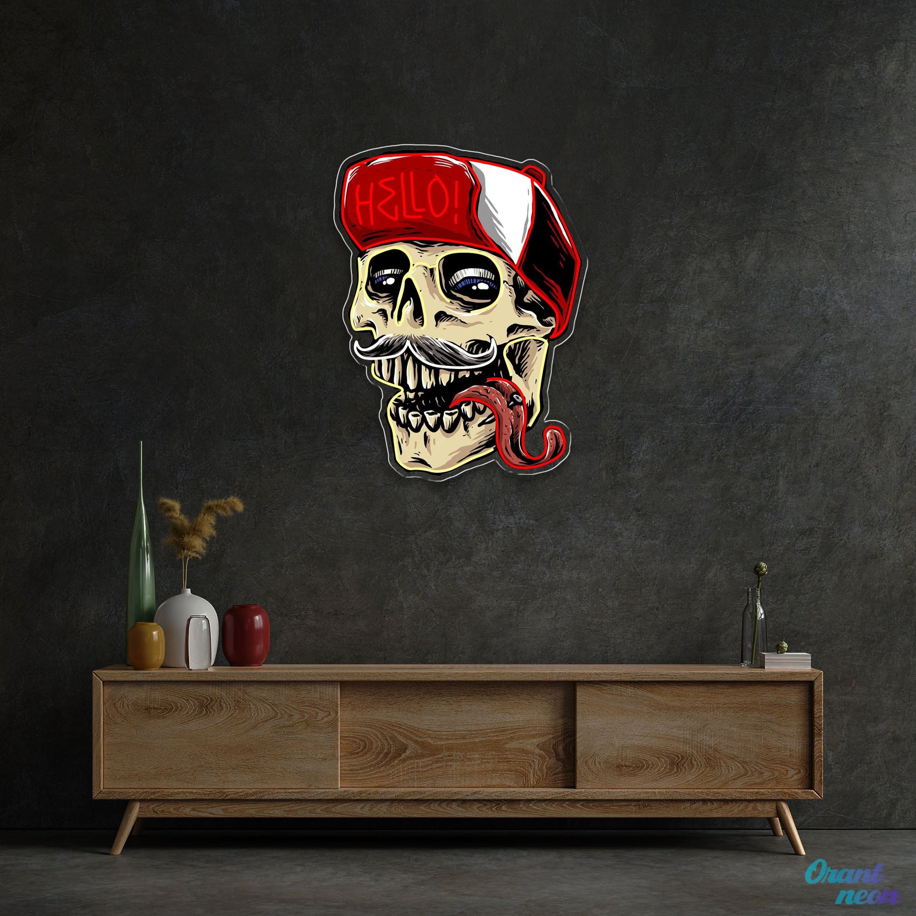 Skull Wearing Hello Hat Neon Sign Light Artwork