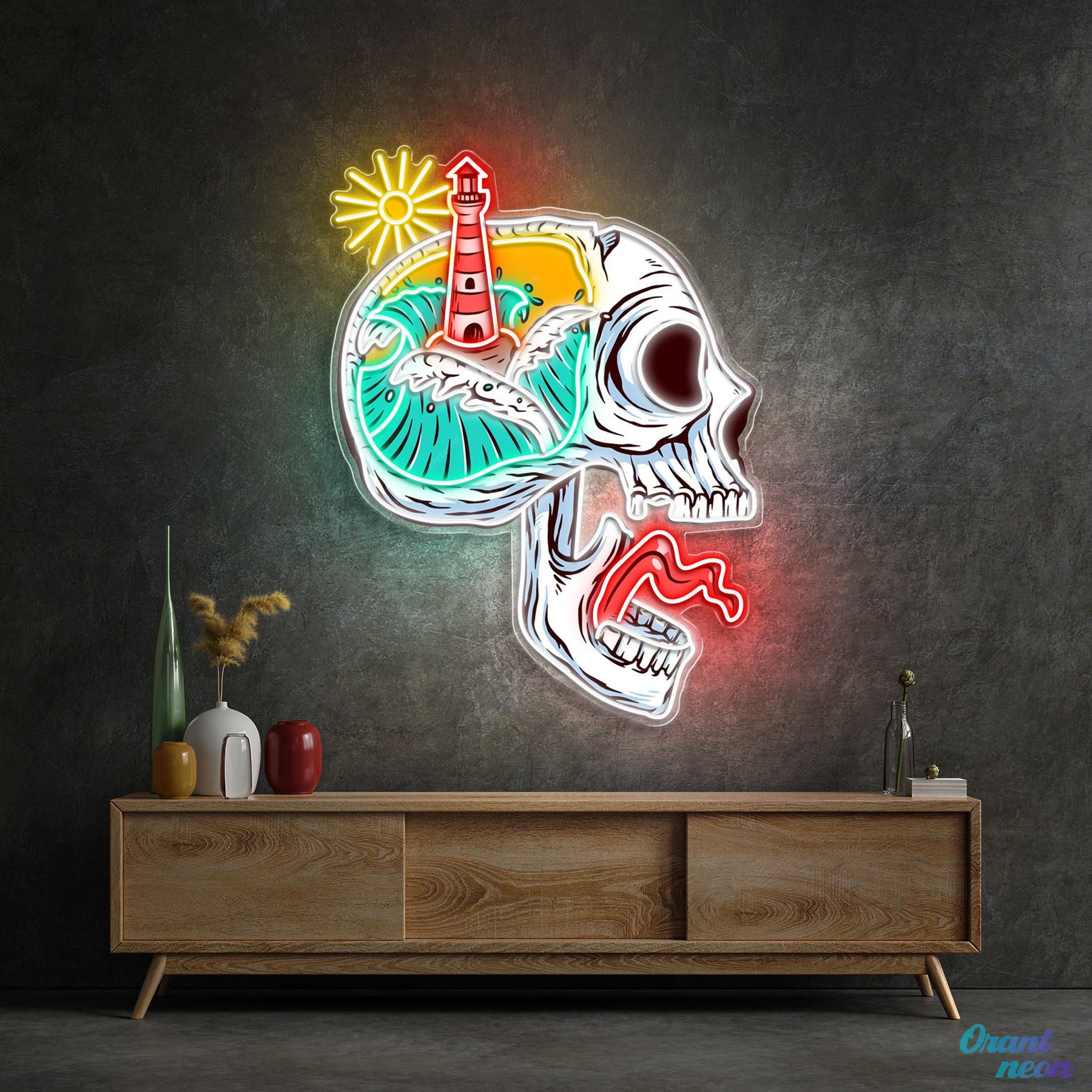 Beacon of the Damned: Skull & Lighthouse Neon Sign Light Artwork