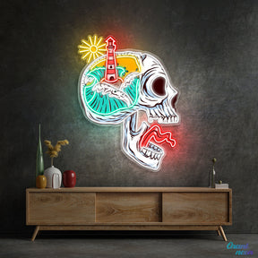 Beacon of the Damned: Skull & Lighthouse Neon Sign Light Artwork