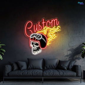 Warrior’s Glow: Skull & Helmet Neon Sign Light Artwork