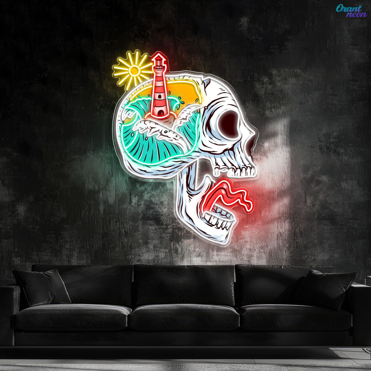 Beacon of the Damned: Skull & Lighthouse Neon Sign Light Artwork