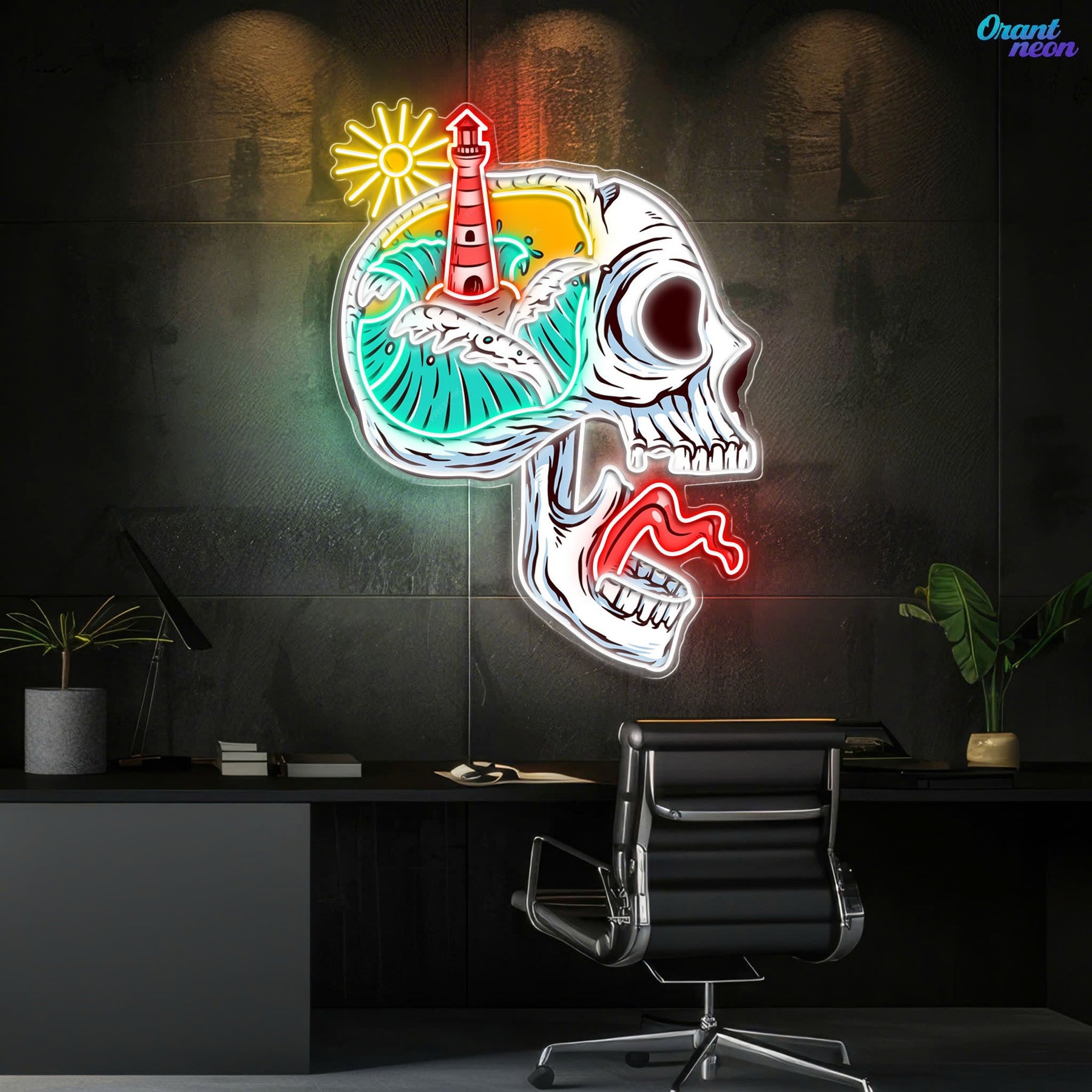 Beacon of the Damned: Skull & Lighthouse Neon Sign Light Artwork