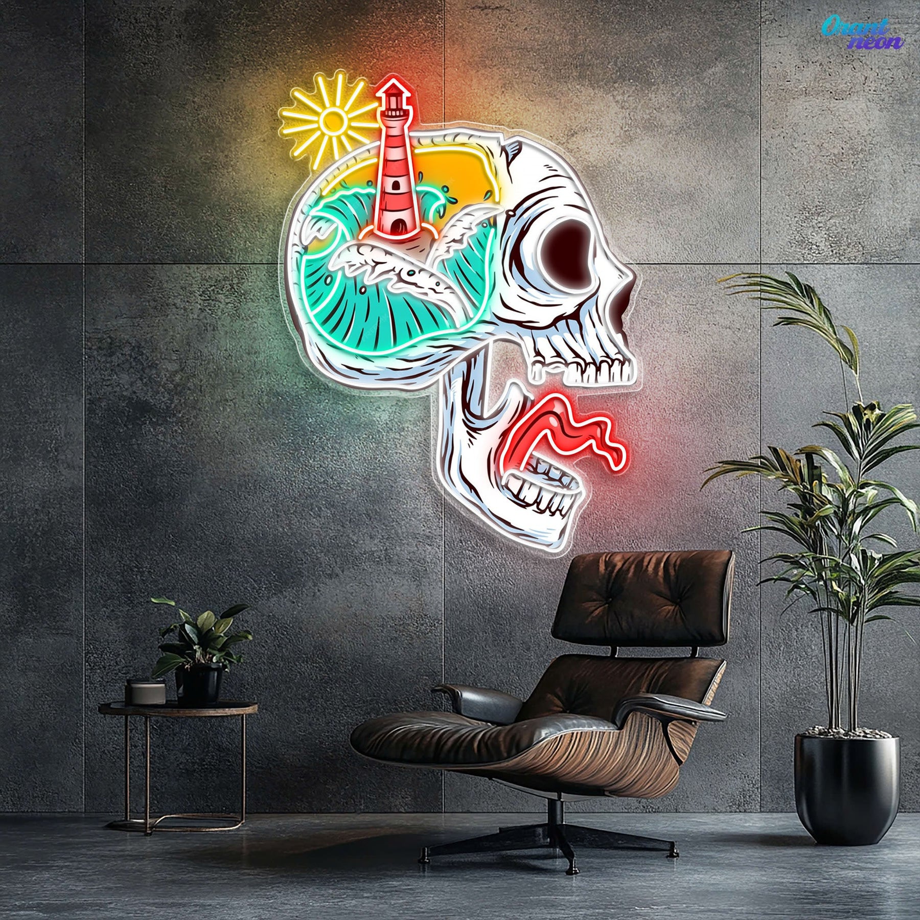 Beacon of the Damned: Skull & Lighthouse Neon Sign Light Artwork