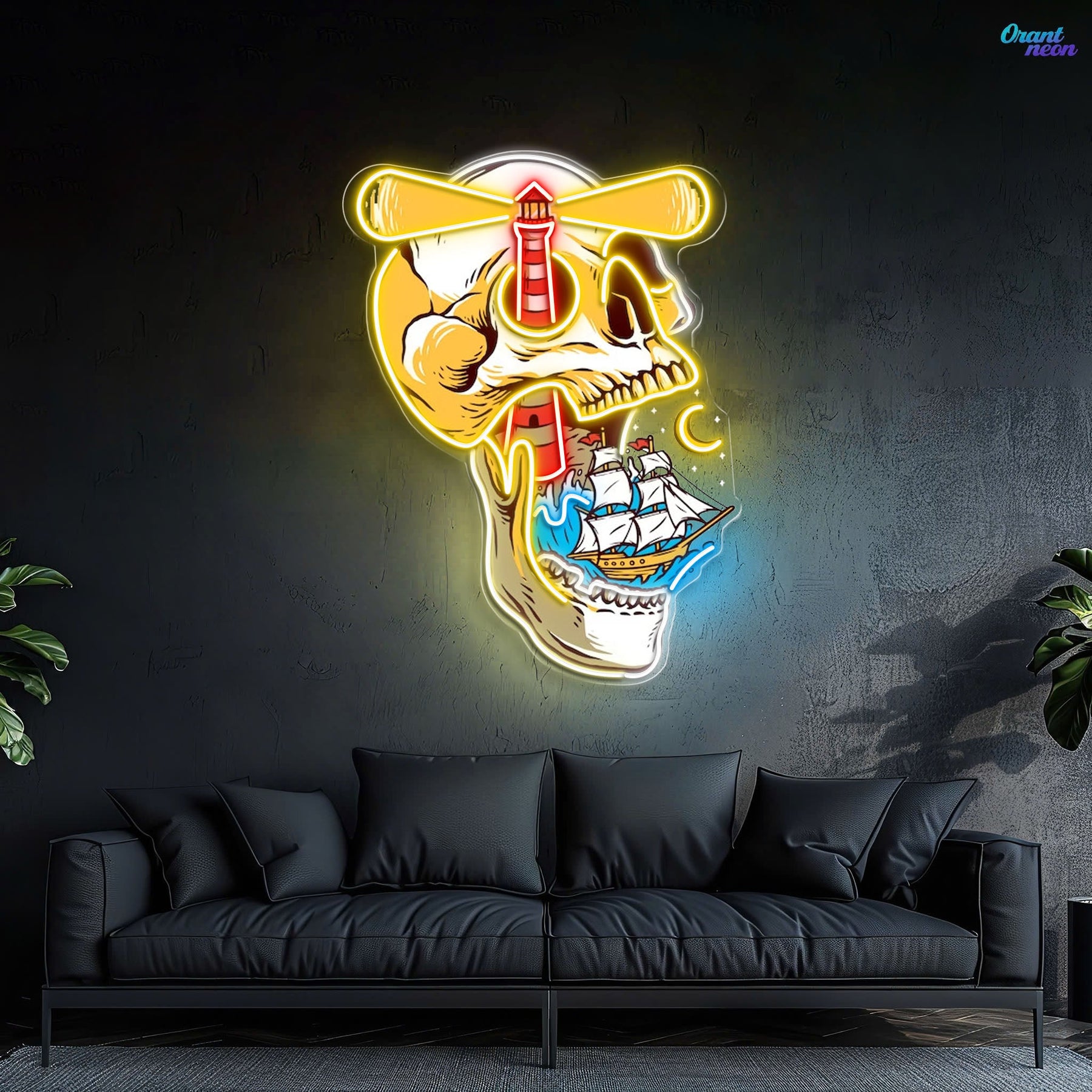 Ghost Ship's Beacon: Skull, Lighthouse & Ship Neon Sign Light Artwork