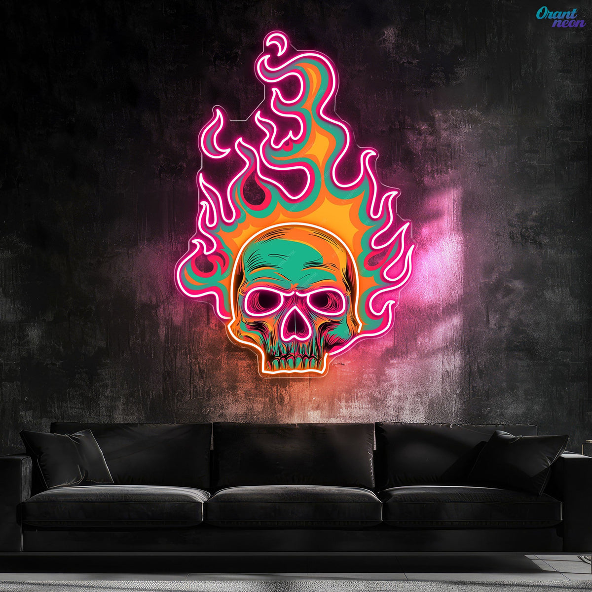 Colorful Fire Burning Skull Neon Sign Light Artwork