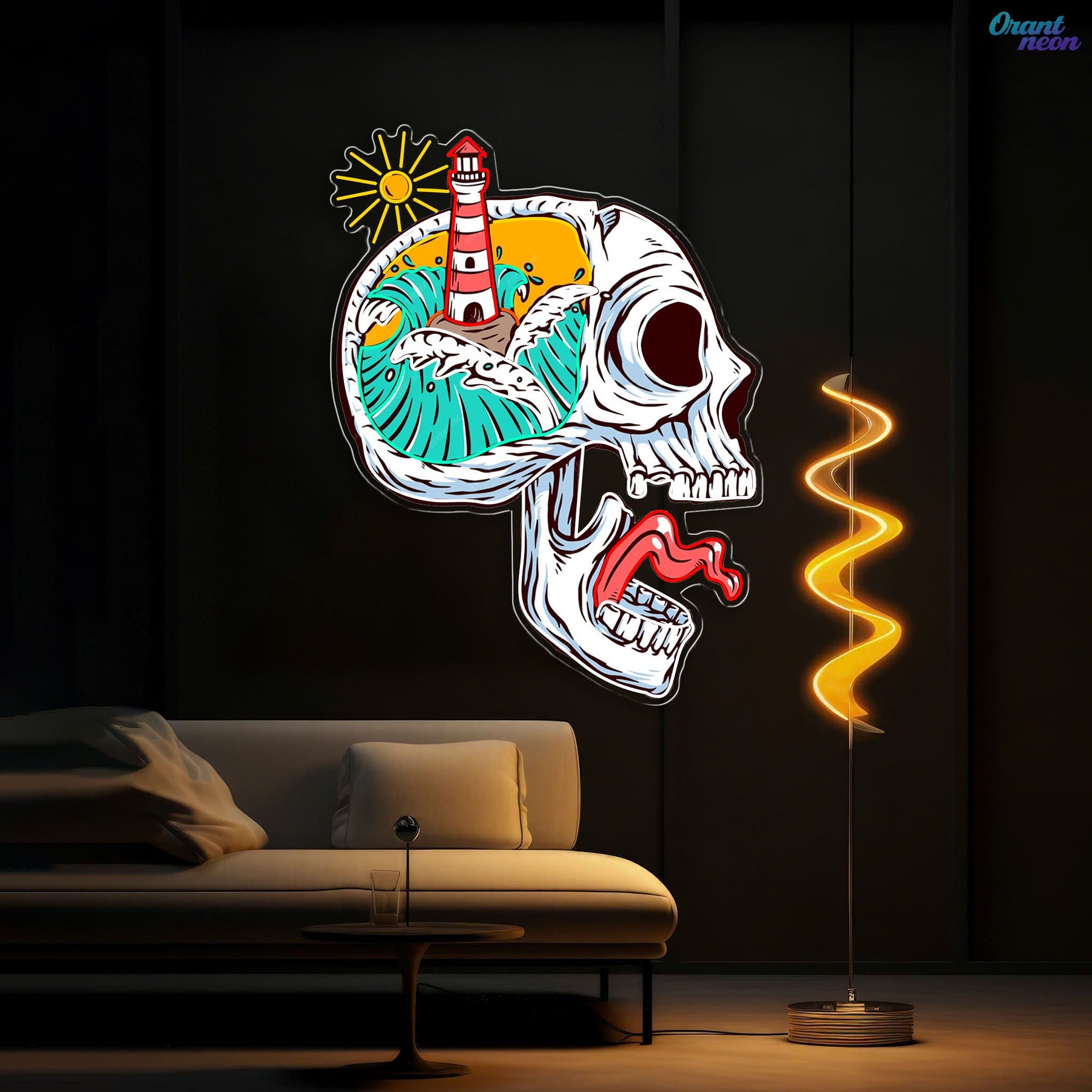 Beacon of the Damned: Skull & Lighthouse Neon Sign Light Artwork