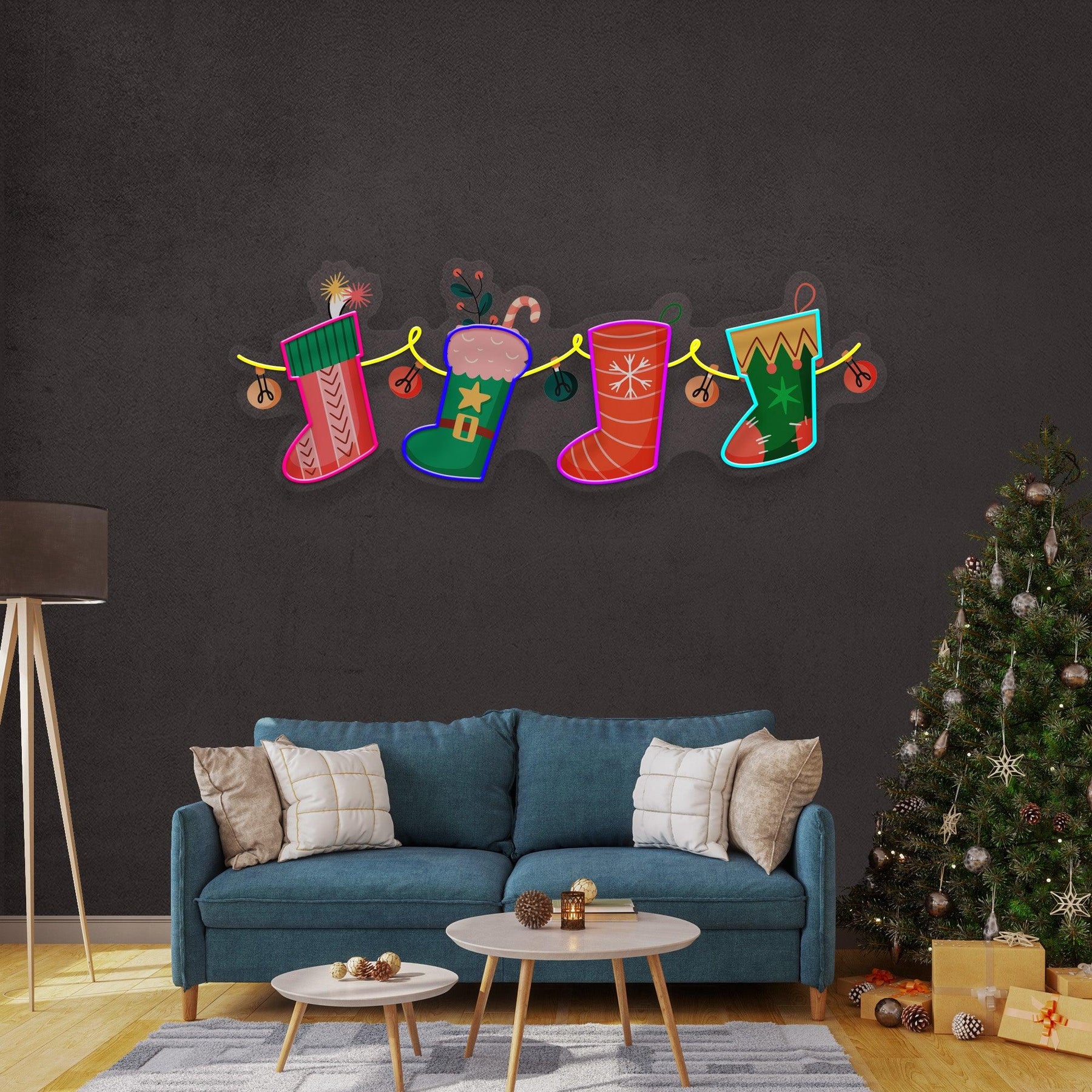 Xmas Socks Family LED Neon Acrylic Artwork