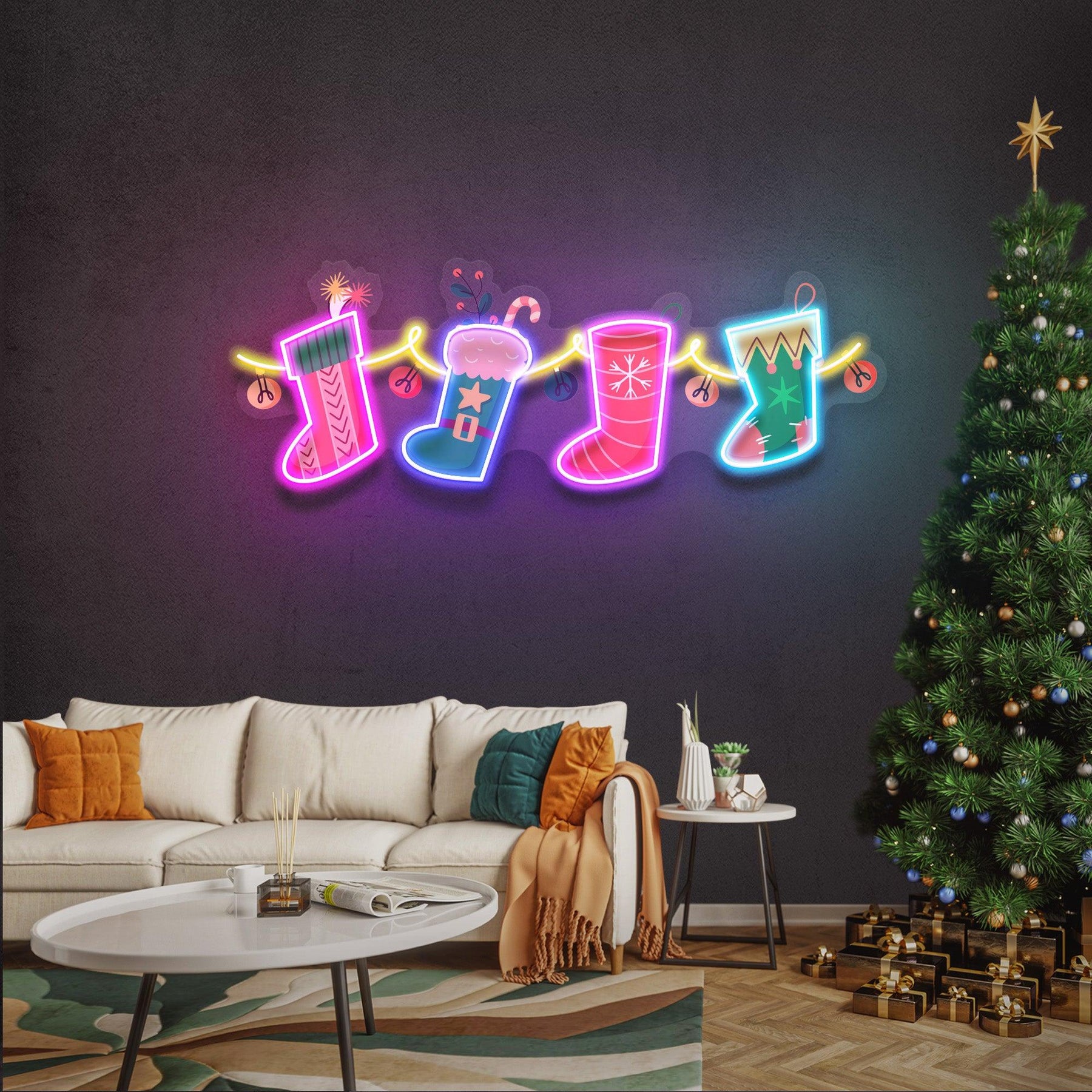 Xmas Socks Family LED Neon Acrylic Artwork