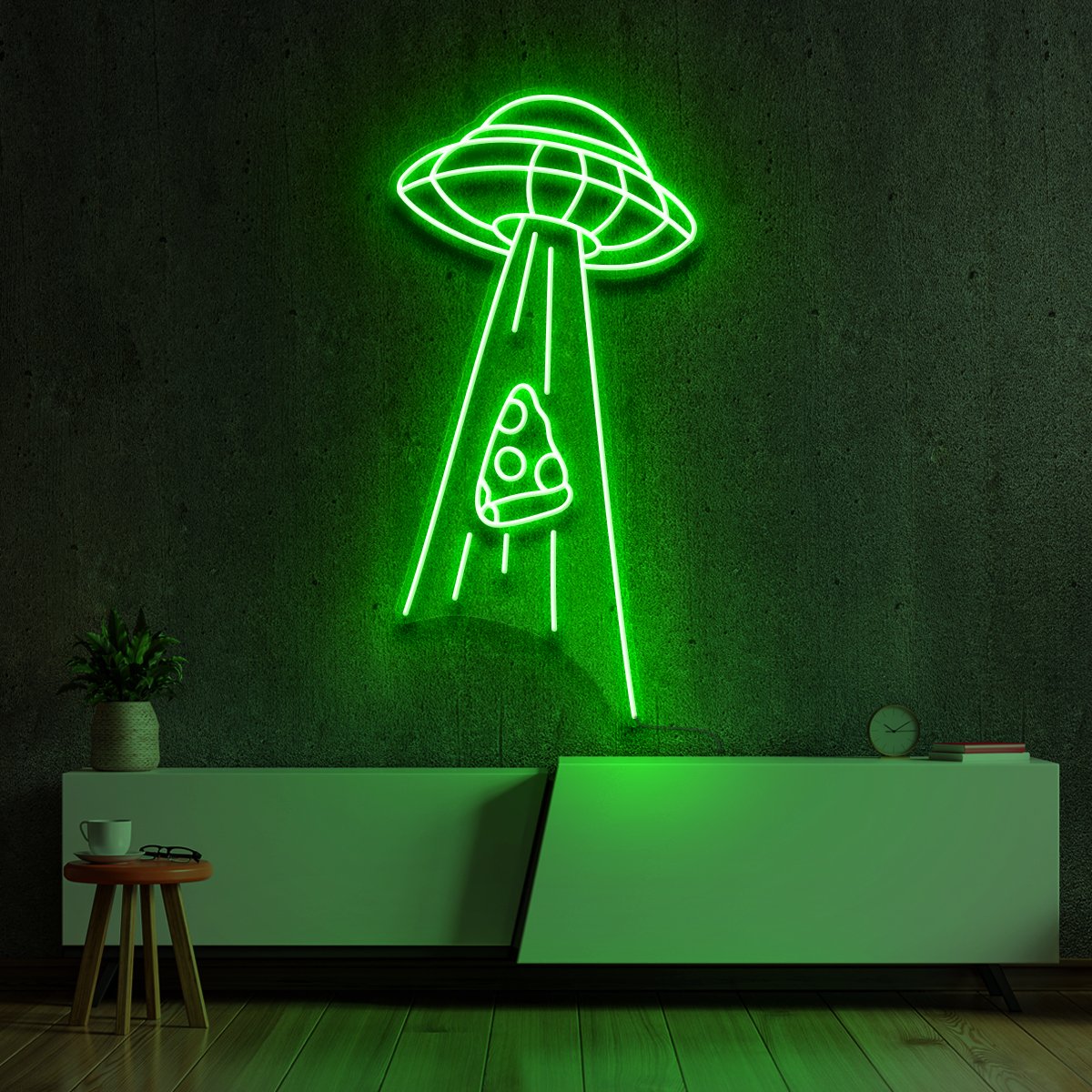 "Abducting Pizza" Neon Sign 60cm (2ft) / Green / LED Neon by Neon Icons