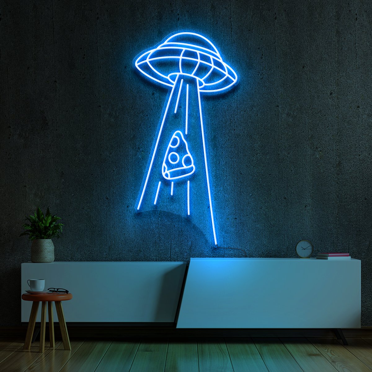 "Abducting Pizza" Neon Sign 60cm (2ft) / Ice Blue / LED Neon by Neon Icons