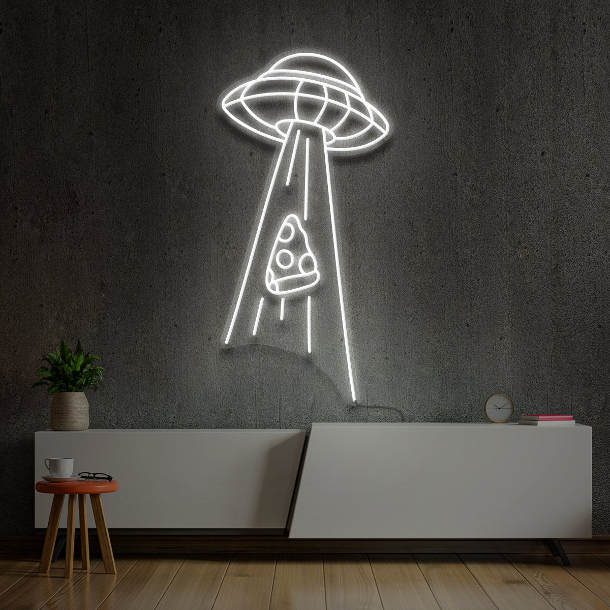 "Abducting Pizza" Neon Sign 60cm (2ft) / White / LED Neon by Neon Icons