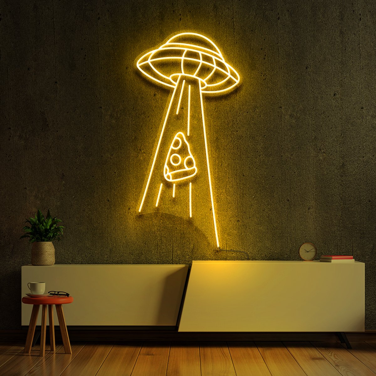 "Abducting Pizza" Neon Sign 60cm (2ft) / Yellow / LED Neon by Neon Icons