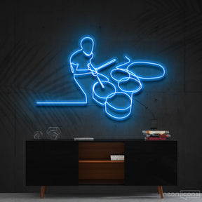 "Drummer Line Art" Neon Sign 90cm (3ft) / Ice Blue / Cut to Shape by Neon Icons