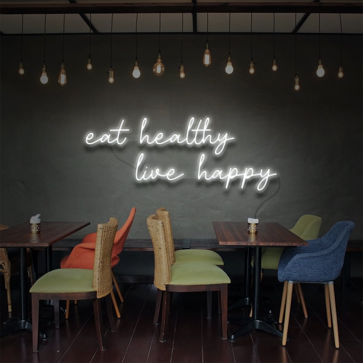 "Eat Healthy, Live Happy" Neon Sign for Bars & Restaurants by Neon Icons