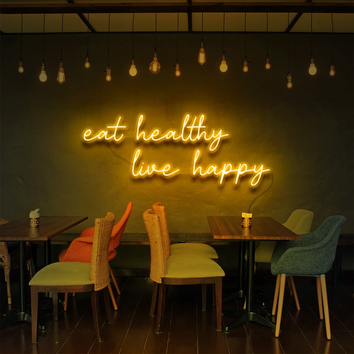 "Eat Healthy, Live Happy" Neon Sign for Bars & Restaurants 60cm (2ft) / Yellow / LED Neon by Neon Icons