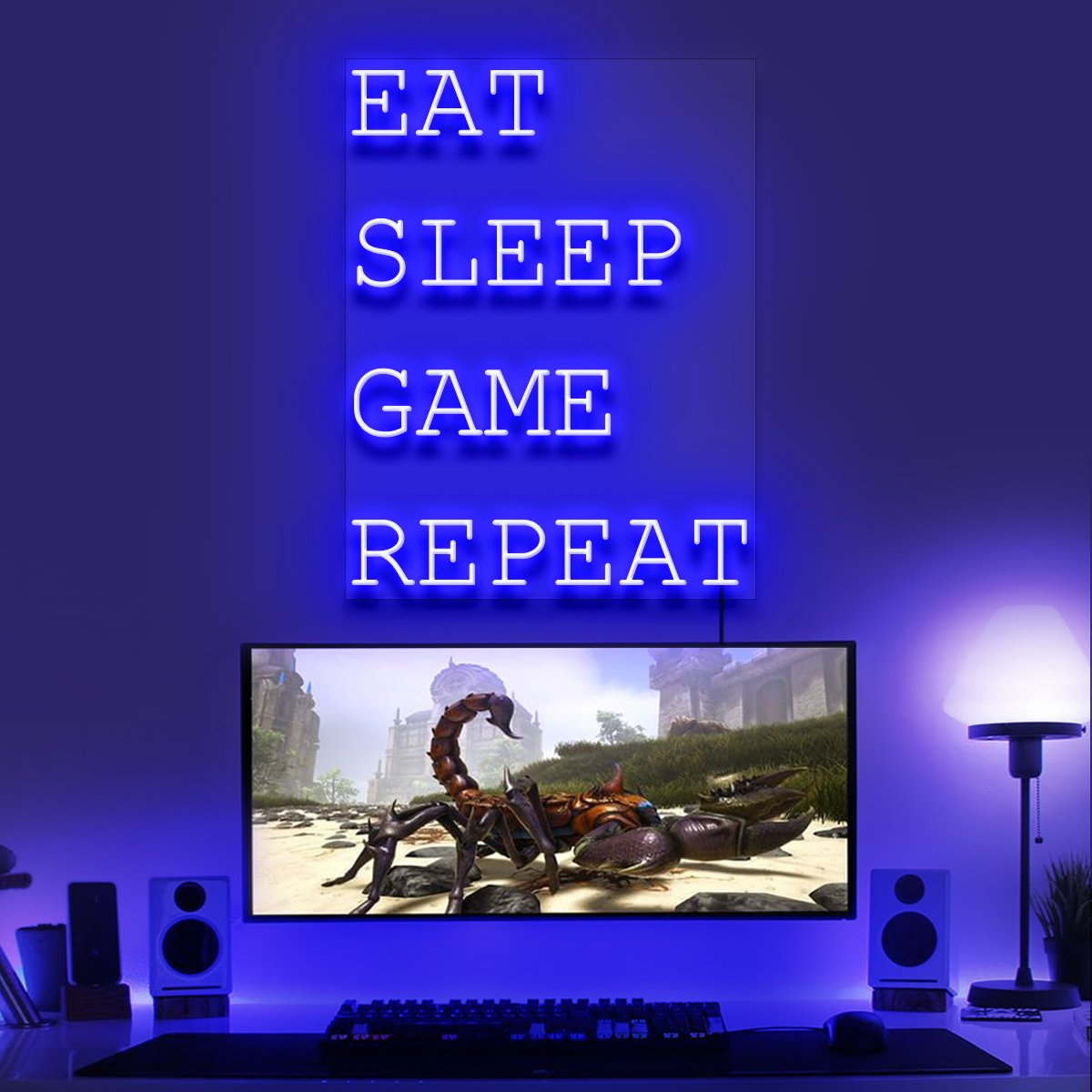 "Eat Sleep Game Repeat" Gaming Neon Sign 60cm/2ft / Blue / LED Neon by Neon Icons