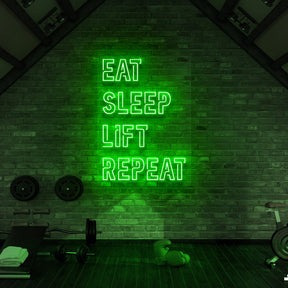 "Eat Sleep Lift Repeat" Neon Sign for Gyms & Fitness Studios 90cm (3ft) / Green / LED Neon by Neon Icons