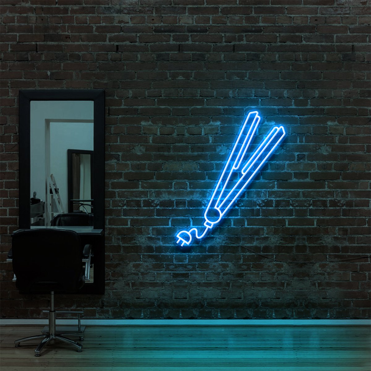 "Hair Straightener" Neon Sign for Hair Salons & Barbershops 60cm (2ft) / Ice Blue / LED Neon by Neon Icons